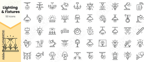 A collection of minimalist line icons representing various light fixtures and lighting designs, perfect for interior design or graphic projects.