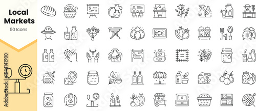 A vibrant collection of line icons representing local market items, including groceries, handmade crafts, and fresh produce.