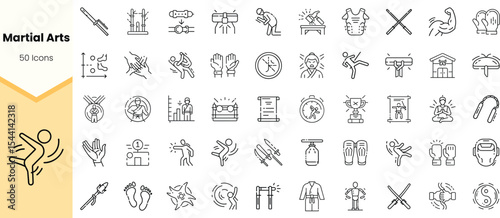 A collection of martial arts icons, showcasing various techniques, equipment, and movements in a minimalistic black-and-white design.