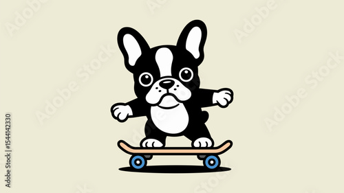 Cute Boston Terrier Cartoon Riding a Skateboard With Solid Background.