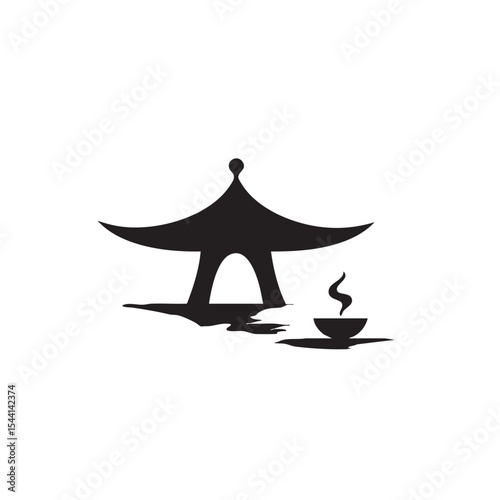 Traditional Asian teahouse with a steaming cup of tea