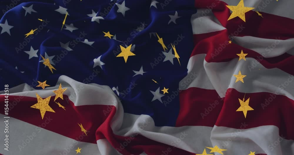 Golden stars emerging at frame edges floating over American flag cloth creating festive shimmer