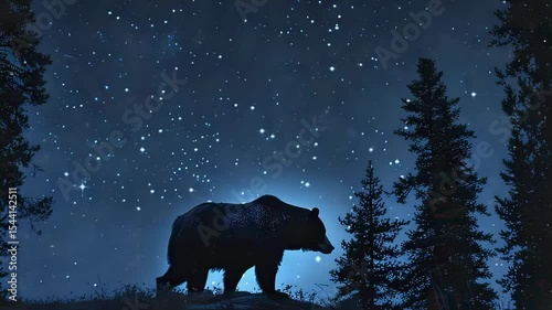 Silhouette of a bear walking at night under a starry sky, surrounded by pine trees