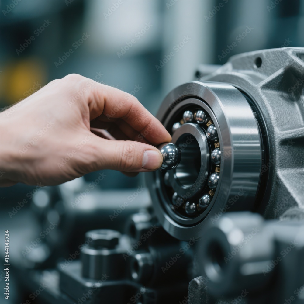 Fototapeta premium Close-up of a mechanic holding a shiny ball bearing and working on a complex machine in a workshop with blurred background showing metal parts, precision, and craftsmanship