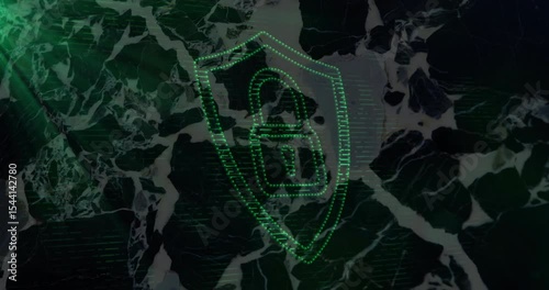Green glow starting dot clustering forming shield outline with padlock showing digital security