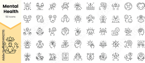 A diverse collection of line icons representing mental health concepts, showcasing mindfulness, well-being, and emotional balance.