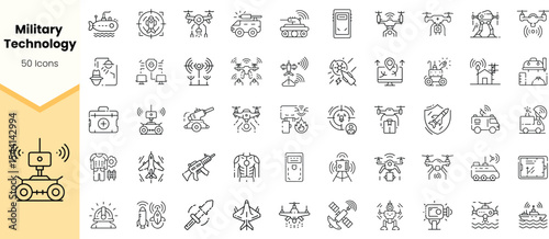 A collection of military technology icons, showcasing various advanced equipment and innovations, including drones, robots, and weaponry design elements.