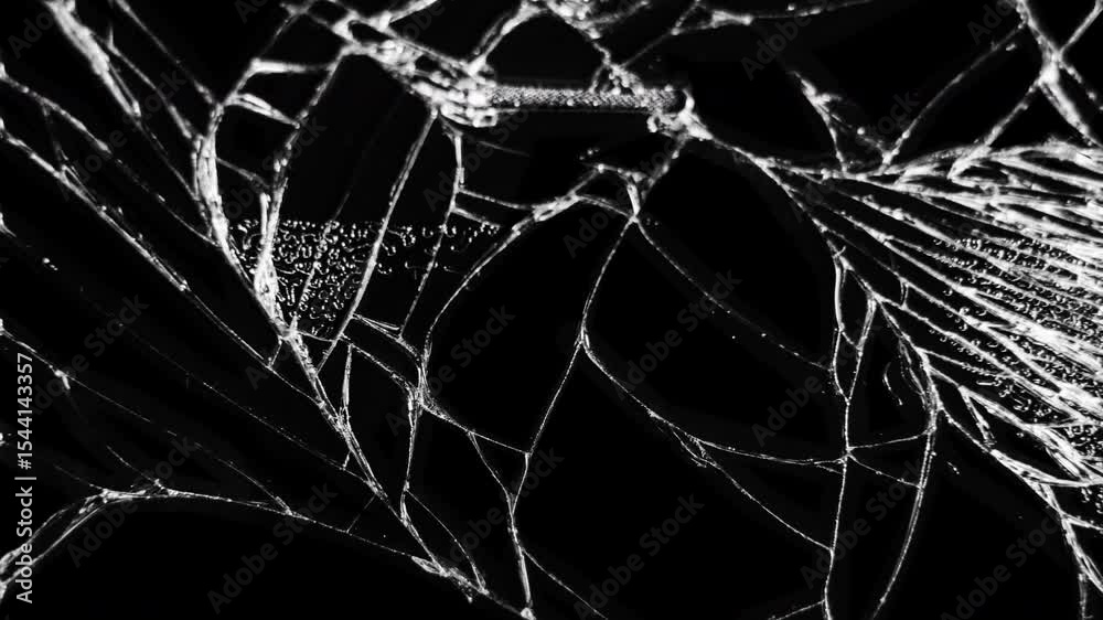 Cracked glass fracture effect on black background. Abstract broken glass texture. Cracked and Shattered black glass.