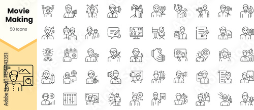 A collection of line icons depicting various aspects of movie making, featuring filmmakers, equipment, and editing tools in a modern style.