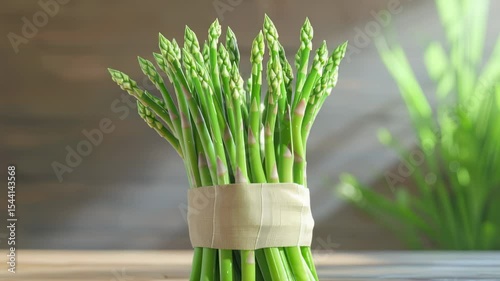 Fresh green asparagus bunch tied with ribbon on wooden table in bright sunlight, close-up studio shot