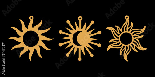 Sun shape vector designs for earrings, pendant or keychain. Jewelry silhouette cutting template in boho style. Laser cut with leather, wood or metal. Beautiful esoteric hanging bijouterie