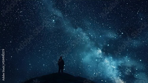 Silhouette of a person gazing at the Milky Way, starry night