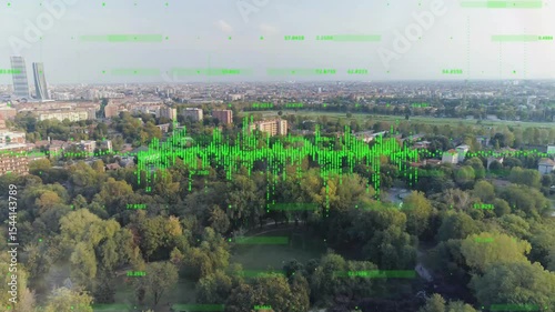 Drone capturing park view, waveform materializing and pulsing above canopy visualizing data trends