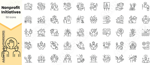 A collection of icons representing various nonprofit initiatives. The designs feature hands, community symbols, and environmental themes, reflecting collaboration and support.