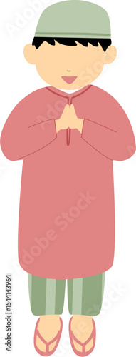 Young Muslim Boy in Traditional Clothing, Greeting Gesture