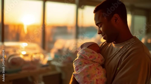 Proud young father holding newborn baby in hospital. Close-up. 4K.

