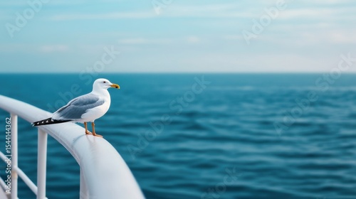 Seagull Standing on Ship Railing Against Calm Ocean Backdrop