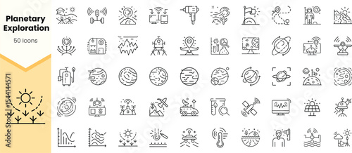 A diverse collection of line icons representing planetary exploration, including celestial bodies, tools, and environmental elements in a modern design.