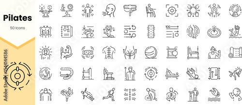 A collection of minimalist Pilates icons, depicting various exercises, equipment, and wellness themes, showcasing a balanced lifestyle and fitness approach.