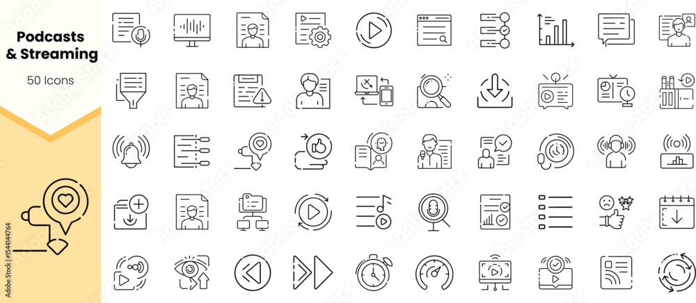 A collection of line icons representing podcasts and streaming, featuring symbols related to audio, video, and user engagement in a modern design.
