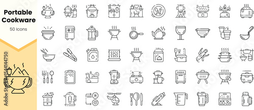 A collection of portable cookware icons, featuring various cooking equipment and utensils in a minimalist style, perfect for culinary designs.