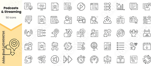 A collection of line icons representing podcasts and streaming, featuring symbols related to audio, video, and user engagement in a modern design.