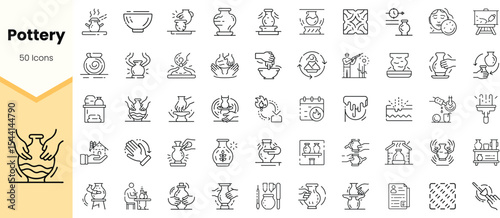 A diverse collection of line icons representing various aspects of pottery, showcasing tools, techniques, and artistic expressions in ceramic art.