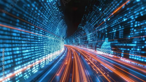 Futuristic data tunnel with glowing lines and digital matrix, abstract technology concept