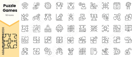 A comprehensive collection of intricate puzzle game icons, showcasing various gaming elements and strategies in a minimalist line art style.