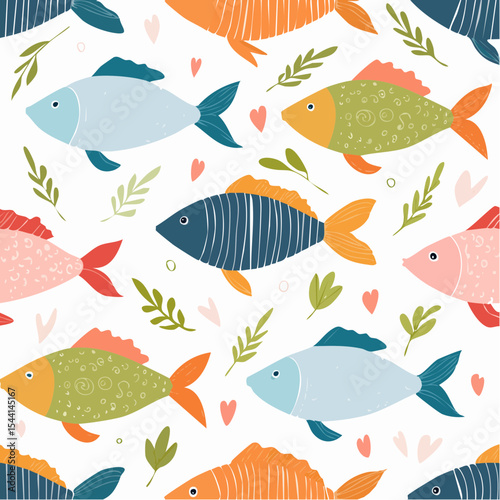 Seamless fish pattern. Trendy hand drawn texture.