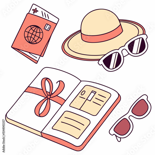Summer vacation essentials passport hat sunglasses journal
