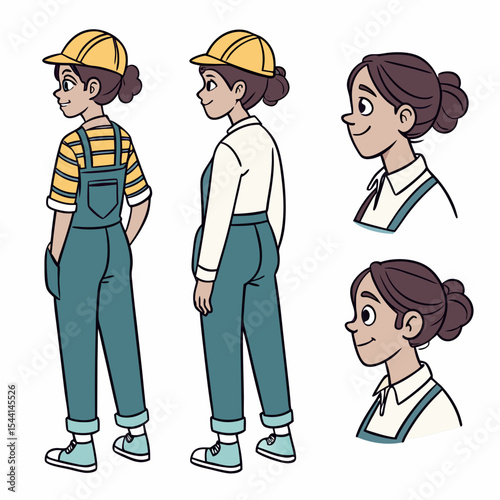 Professional female construction worker cartoon character views