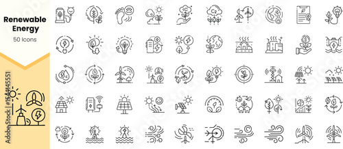 A diverse set of line icons representing renewable energy concepts, including solar, wind, water, and sustainable practices, showcasing innovation and eco-friendliness.