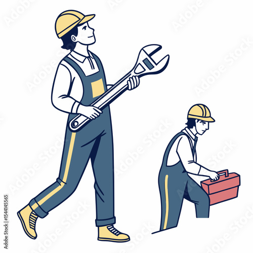 Two professional mechanics with tools on white background
