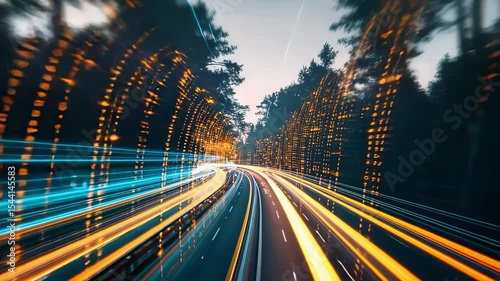 Futuristic highway with light trails through a forest, abstract digital art style