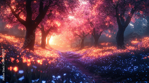Enchanted Forest Pathway with Vibrant Blossoms