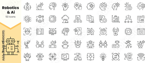 A collection of line icons representing robotics and AI concepts, including robots, data analytics, and intelligent systems, showcasing innovative technology designs.