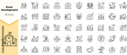 Collection of icons representing rural development concepts, including agriculture, livestock, and community engagement, in a minimalist black and white design.
