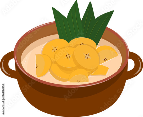 Sweet Banana Dessert in Earthenware Bowl, Kolak Pisng Illustration Illustration