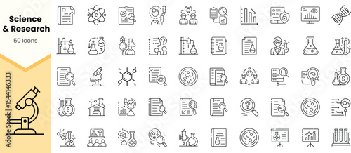 A collection of line icons representing science and research, featuring laboratory equipment, research documents, and scientific symbols.