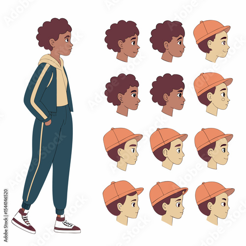 Diverse boy character design sheet, multiple angles, transparent background