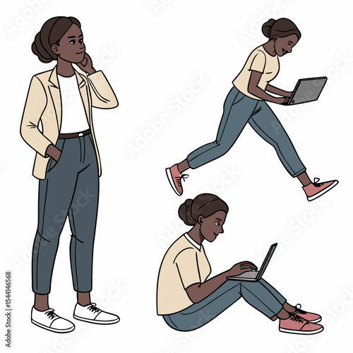 Black woman working laptop various poses stylish