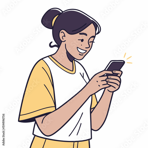 Happy young woman using smartphone smiling