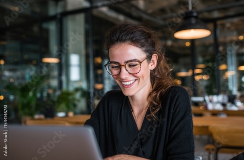Smiling woman w glasses dark curly hair black cardigan At a desk using laptop Blurry background of modern office