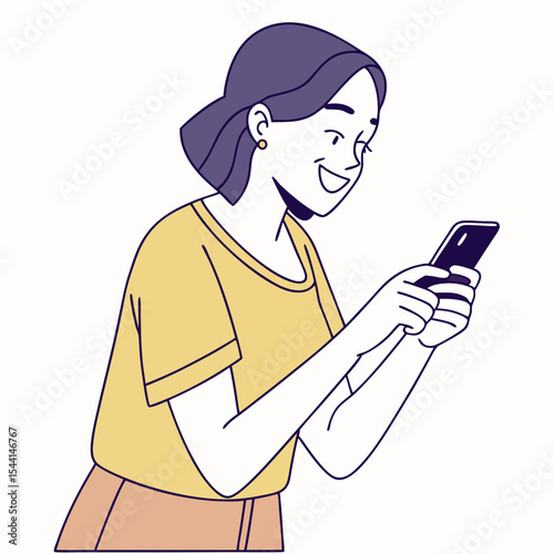 Happy woman using smartphone smiling casual style