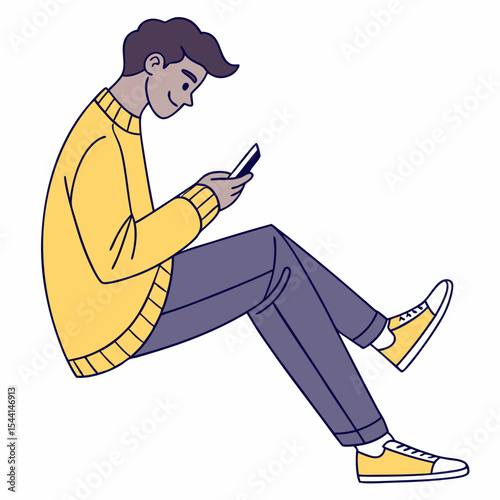 Young man sitting using smartphone casual style