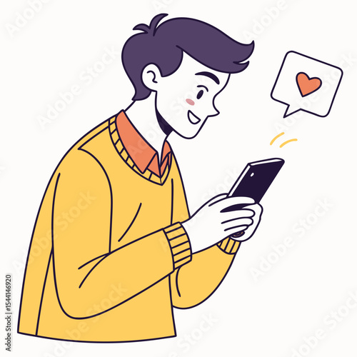 Happy man using smartphone receiving love message