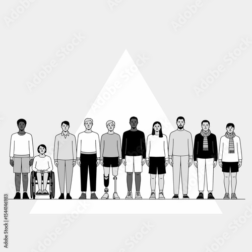 Inclusive black and white illustration of diverse people standing together, including individuals with disabilities, different ethnicities, and genders, symbolizing unity and equality
