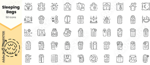 A collection of minimalist icons depicting various sleeping bags and camping gear, perfect for outdoor enthusiasts and camping applications.