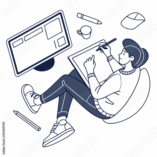 Young artist working on digital drawing tablet